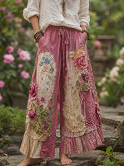 Women's Bohemian Floral Embroidery Art Contrast Color Linen Blend Casual Pants