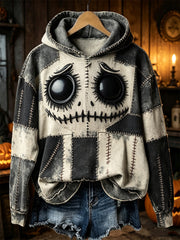 Women's Halloween Spooky Stitched Monster Colorblock Patchwork Print Cozy Hoodie