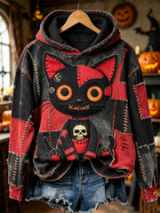 Women's Halloween Spooky Stitched Monster Colorblock Patchwork Print Cozy Hoodie