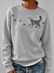 Women's Lovely Fuzzy American Shorthair Cat & Paw Prints Print Sweatshirt