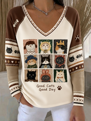 Women's Cute cat print long-sleeved T-shirt with dropped shoulders