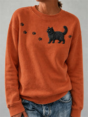 Women's Lovely Fuzzy Black Cat & Paw Prints Print Sweatshirt