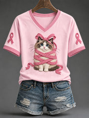 Women's Pink Ribbon Ragdoll Cat Print Casual T-Shirt