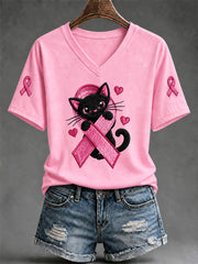Women's Breast Cancer Awareness Support Print V-Neck Tee