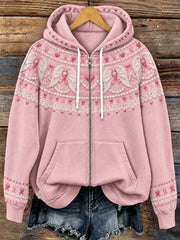 Women's Vintage Pink Ribbon Wings Print Cozy Zip-Up Hoodie