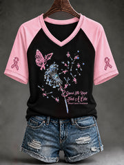 Women's Pink Rhinestone Butterfly Breast Cancer Awareness Short-Sleeved T-Shirt
