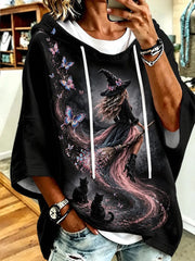 Women's Breast Cancer Awareness Pink Witch Black Cat Print Hoodie