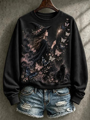 Women's Breast Cancer Awareness Pink Witch Black Cat Print Sweatshirt