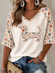 Women's Dachshund Floral Print Casual Raglan Sleeve T-Shirt