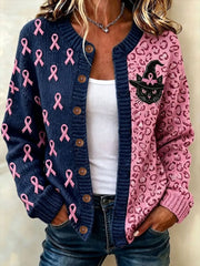 Women's Breast Cancer Awareness Witch Black Cat Cardigan-Style Knit Jacket