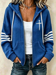 Women's Christian Art Cross Pattern Cozy Knit Hooded Cardigan