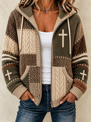 Women's Christian Art Cross Pattern Print Knitted Coat