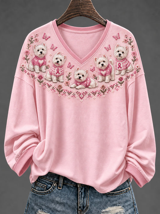 Women's Dog Pattern and Pink Charity Ribbon Design Casual V-Neck T-Shirt
