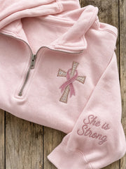 Women's She Is Strong Pink Ribbon Cross Glitter Art Print Zip Up Sweatshirt