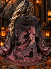 Women's Pink Witch Print Zip-Up Hoodie
