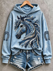 Women's Denim Patchwork Horse Print Regular Sweatshirt