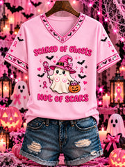 Women's Breast Cancer Halloween Printed V-neck T-shirt