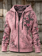 Women's Vintage Pink Ribbon Gothic Cross Roses Floral Art Print Full Zip Hoodie