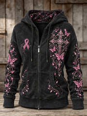 Women's Vintage Pink Ribbon Gothic Cross & Butterflies Glitter Print Full Zip Hoodie