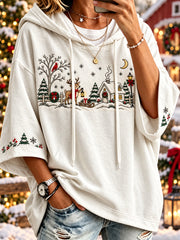 Women’s Vintage Christmas Village Line Art Print Comfy Hoodie