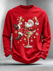 Men's Christmas Santa Claus Wine Glass Print Waffle Long Sleeve Top