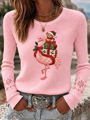 Women's Christmas Flamingo Print Waffle T-shirt