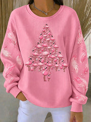 Women's Christmas Flamingo Print Ribbed Round-Neck Sweatshirt