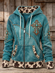 Women's Vintage Western Turquoise Cross Leopard Print Full Zip Hoodie