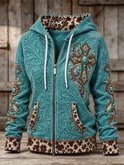 Women's Vintage Western Turquoise Cross & Embossed Art Leopard Print Full Zip Hoodie
