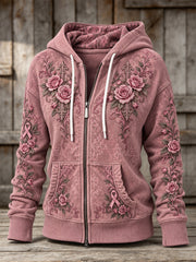 Women's Pink Rose and Pink Charity Ribbon Pattern Design Casual Zip-Up Hoodie