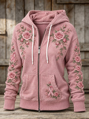 Women's Pink Rose and Pink Charity Ribbon Pattern Design Casual Zip-Up Hoodie