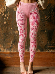 Women's Hope Strength Love Floral Pink Ribbon Print Cozy Leggings