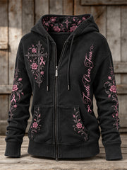 Women's Faith Over Fear Gothic Cross & Pink Ribbon Roses Floral Print Full Zip Hoodie