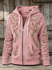 Women's Pink Rose Floral Pattern Design Casual Zip-Up Hoodie