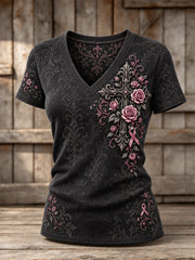 Women's Corss and Pink Charity Ribbon Pattern Design Casual Short-sleeved T-shirt