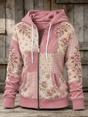 Women's Pink Rose Floral Pattern Design Casual Zip-Up Hoodie