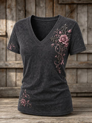 Women's Pink Ribbon Gothic Floral Cross Print Short-sleeved T-shirt