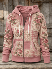 Women's Pink Rose Floral Pattern Design Casual Zip-Up Hoodie