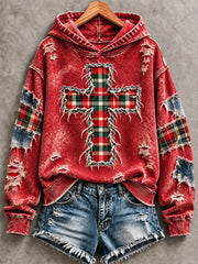 Women's Patchwork Plaid Cross Print Casual Hoodie