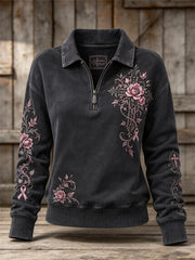 Women's Gothic Cross Pink Ribbon Roses Floral Print Zip Up Sweatshirt
