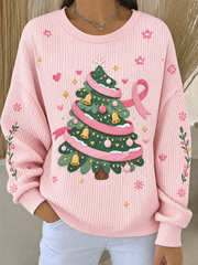 Women's Breast Cancer Ribbed Round-Neck Sweatshirt