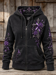 Women's Gothic Cross & Purple Ribbon Roses Floral Print Full Zip Hoodie