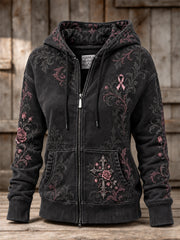 Women's Corss and Pink Charity Ribbon Pattern Design Casual Zip-Up Hoodie