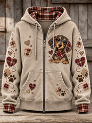 Women's Cute Patchwork Dog Print Zip-Up Hoodie