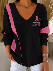 Women's Pink Breast Cancer Awareness Printed V-Neck Ribbed Top