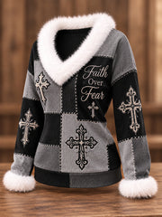 Women's Christian Faith Over Fear Cross Patchwork Print Casual Fur Collar Top
