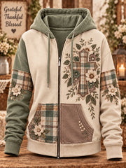 Women's Retro Christian Floral Cross Art Print Casual Zip-Up Hoodie