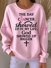 Women's Faith Cross Breast Cancer Awareness Ribbed Round-Neck Sweatshirt