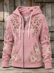 Women's Pink Rose and Pink Charity Ribbon Pattern Design Casual Zip-Up Hoodie