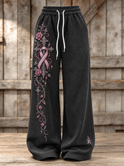 Women's Gothic Cross & Pink Ribbon Roses Floral Print Wide Leg Sweatpants